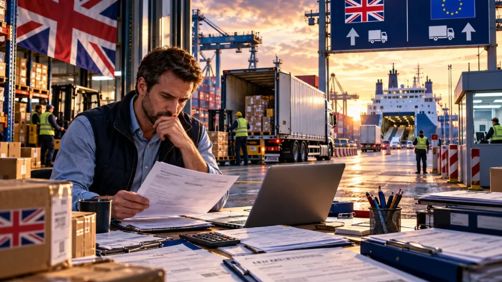 Brexit and business illustration showing UK EU trade paperwork and customs