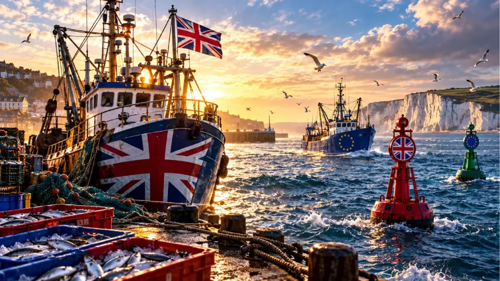 Brexit and fishing illustration showing British and EU fishing vessels in UK waters