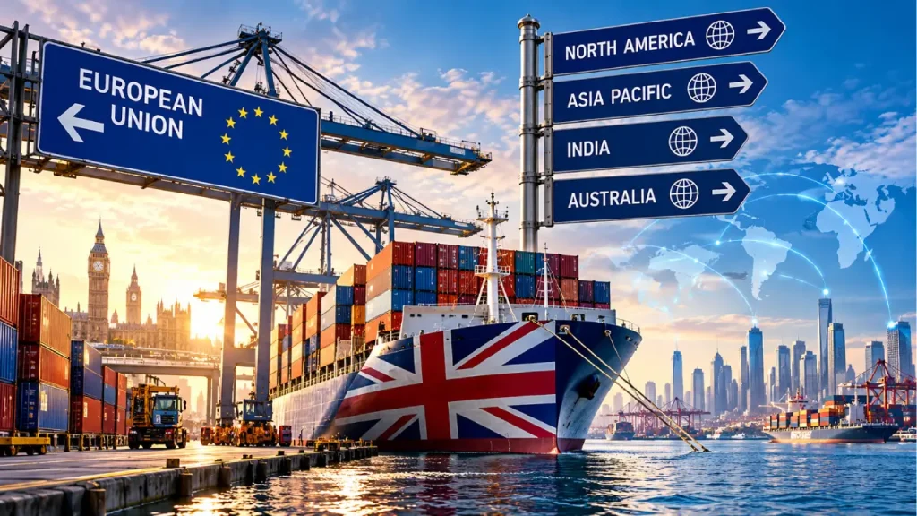 Brexit and trade illustration showing UK, EU and global trade routes