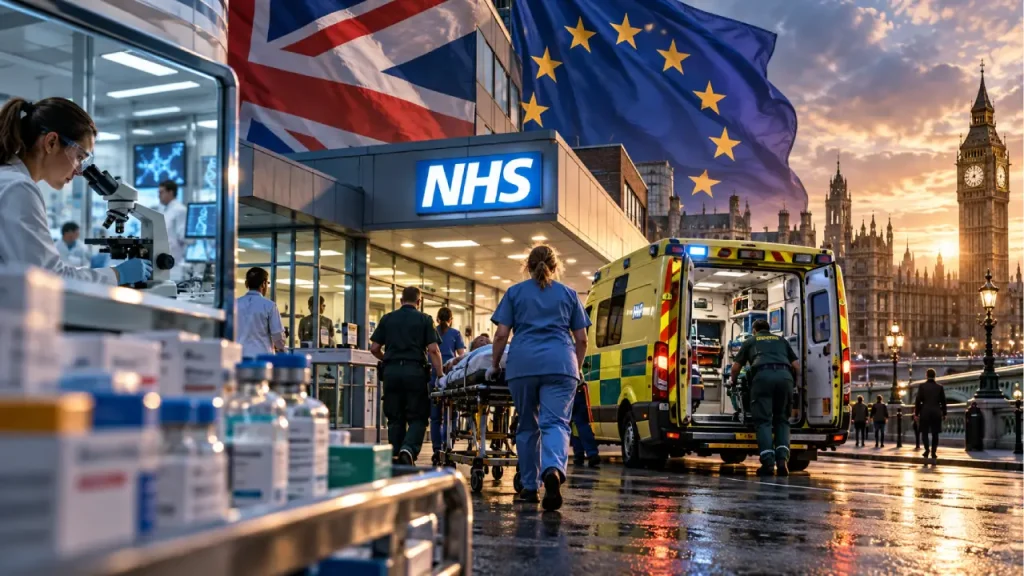 Brexit and the NHS illustration showing British healthcare and UK-EU medical cooperation